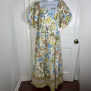 Lea NWT Elegant Puff Sleeve Floral Maxi Dress in Blue, Yellow, and Brown